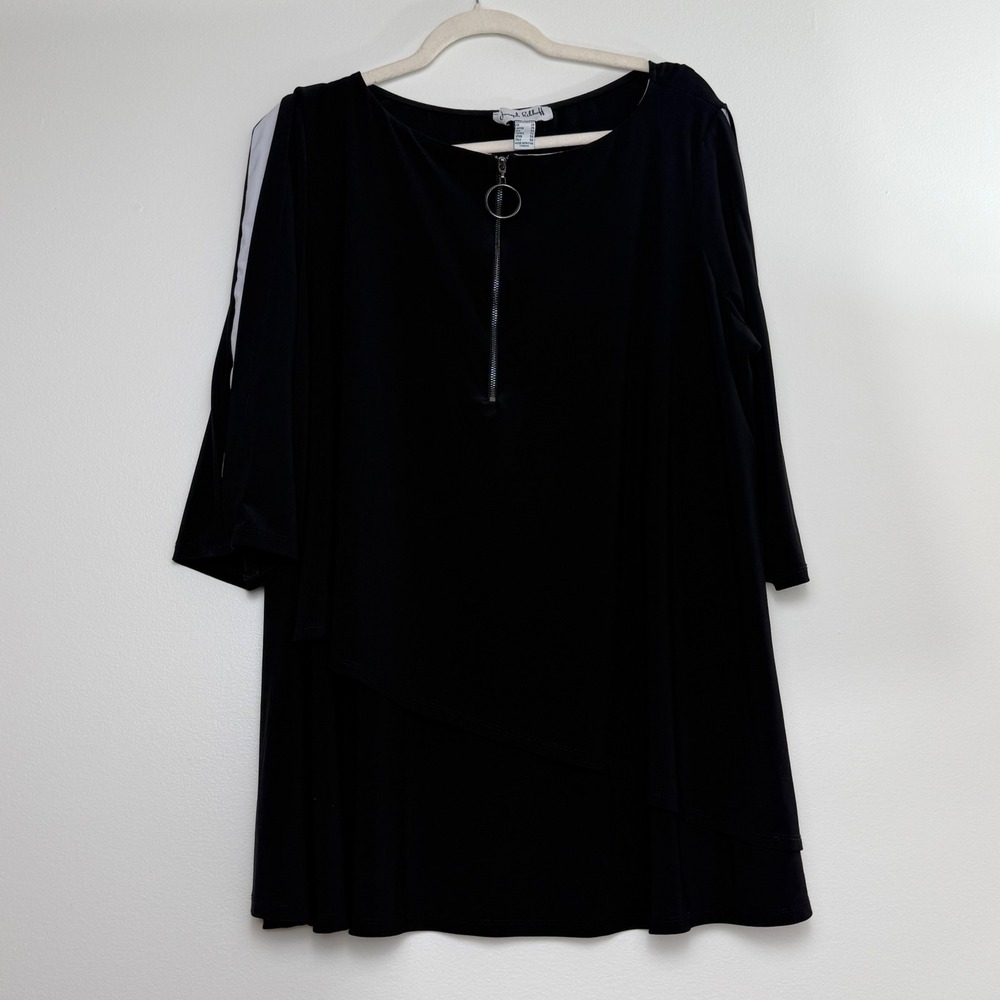 Joseph Ribkoff Black Asymmetrical Layered Tunic Top Zip Cold Shoulder Size 22
